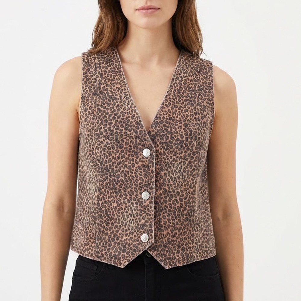 She+Sky Vest Womens Medium Brown Denim Leopard Print Cotton V-Neck Front Button